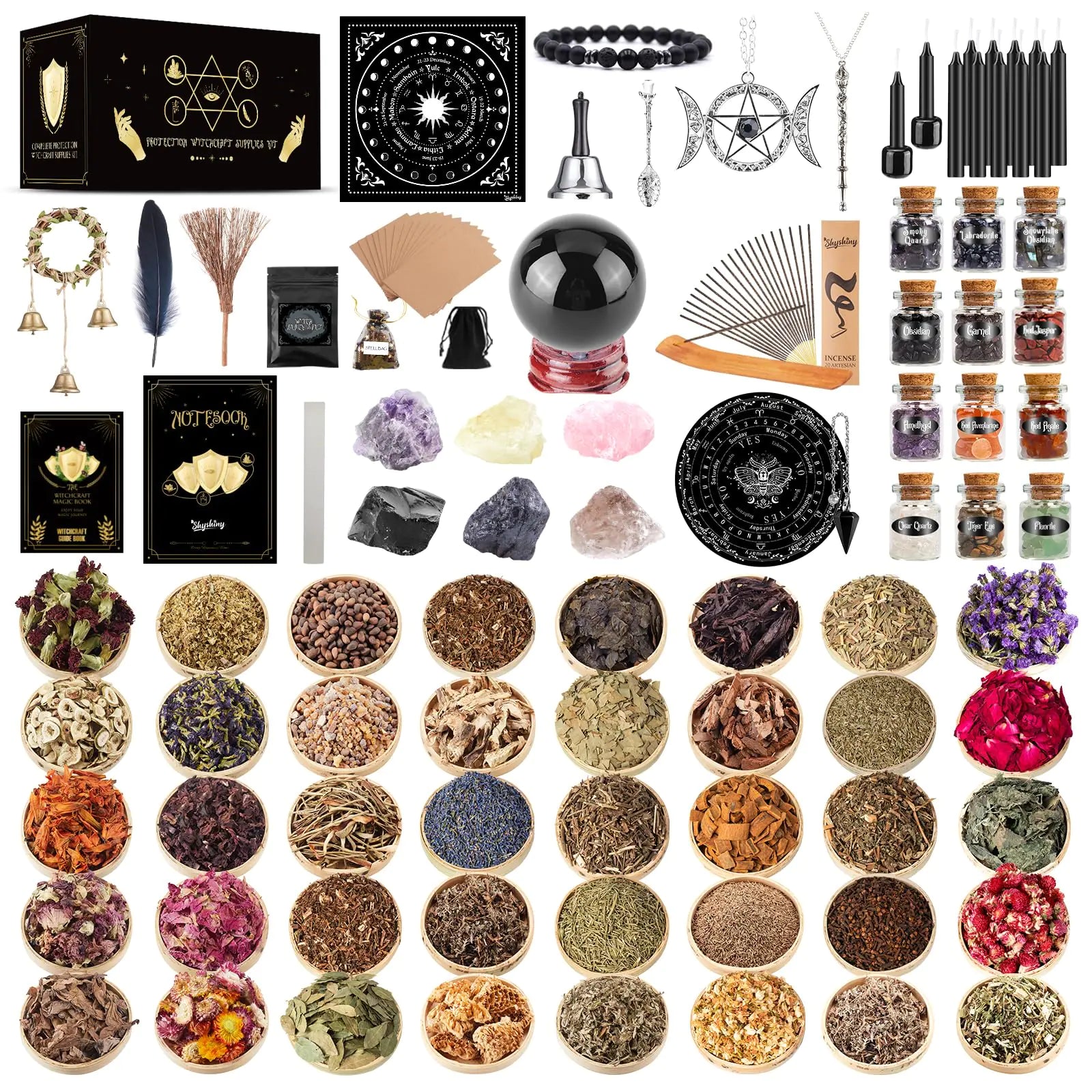 Las Velas Candles SHYSHINY Wiccan Supplies and Tools for Protection 130Pack Witchcraft Supplies Witchy Gift for Beginners Dried Herbs Crystals Candles Witch Starter Spell Kit