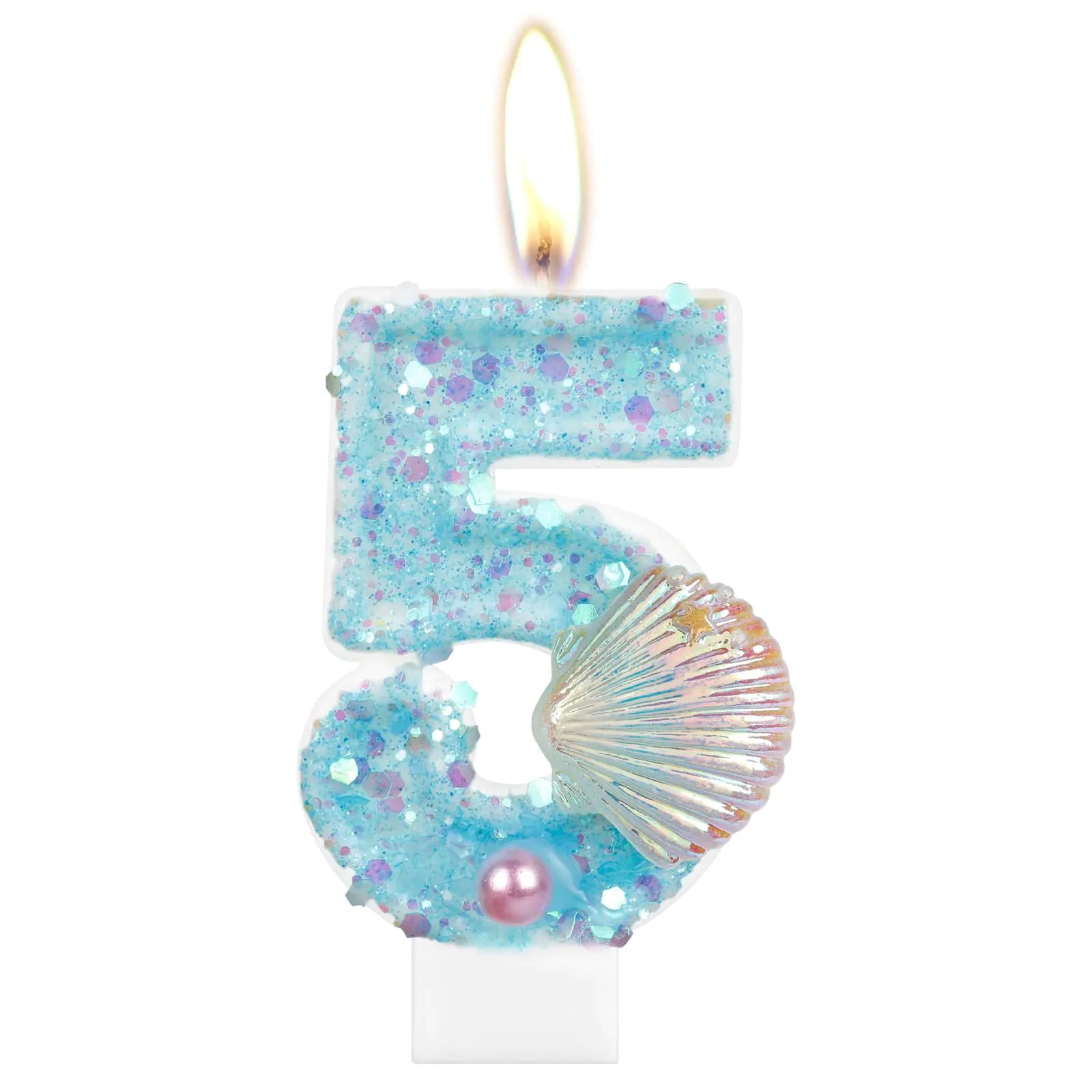 Las Velas Candles Blue Birthday Number 5 Candle Girls Glitter Shell Sequins Birthday Candles for Cake Decorations Mermaid Theme Party Birthday Wedding Anniversary Celebration Supplies